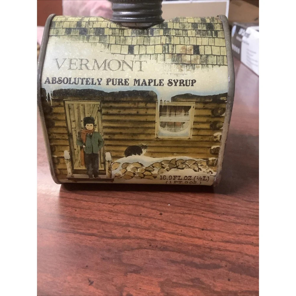 Vintage 1984 Vermont Maple Syrup Log Cabin Metal Empty Tin Container